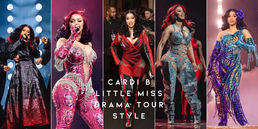 On stage at the Little Miss Drama Tour: Cardi B in teal, plaid and red crystal-embellished Brian Hearns look