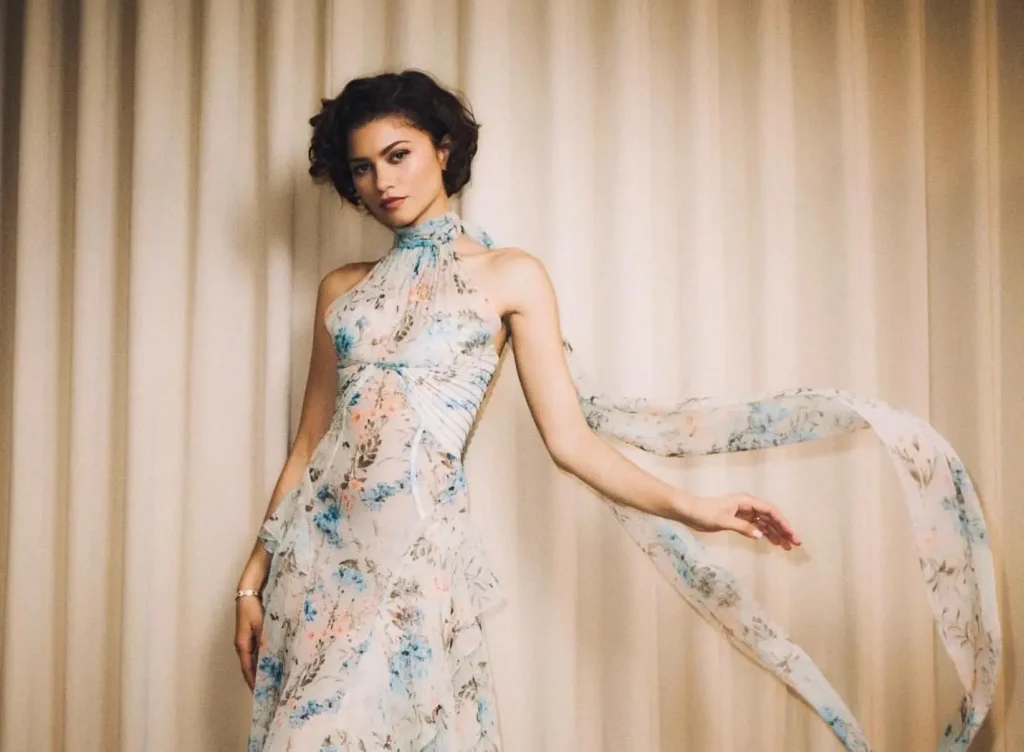 Zendaya stuns in blue floral Alexander McQueen chiffon gown on Jimmy Kimmel Live