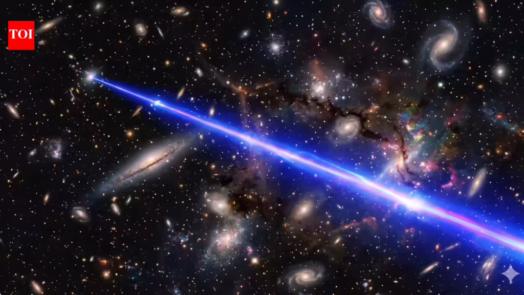 Astronomers detect mega-laser beam signal from 8 billion light years away.
