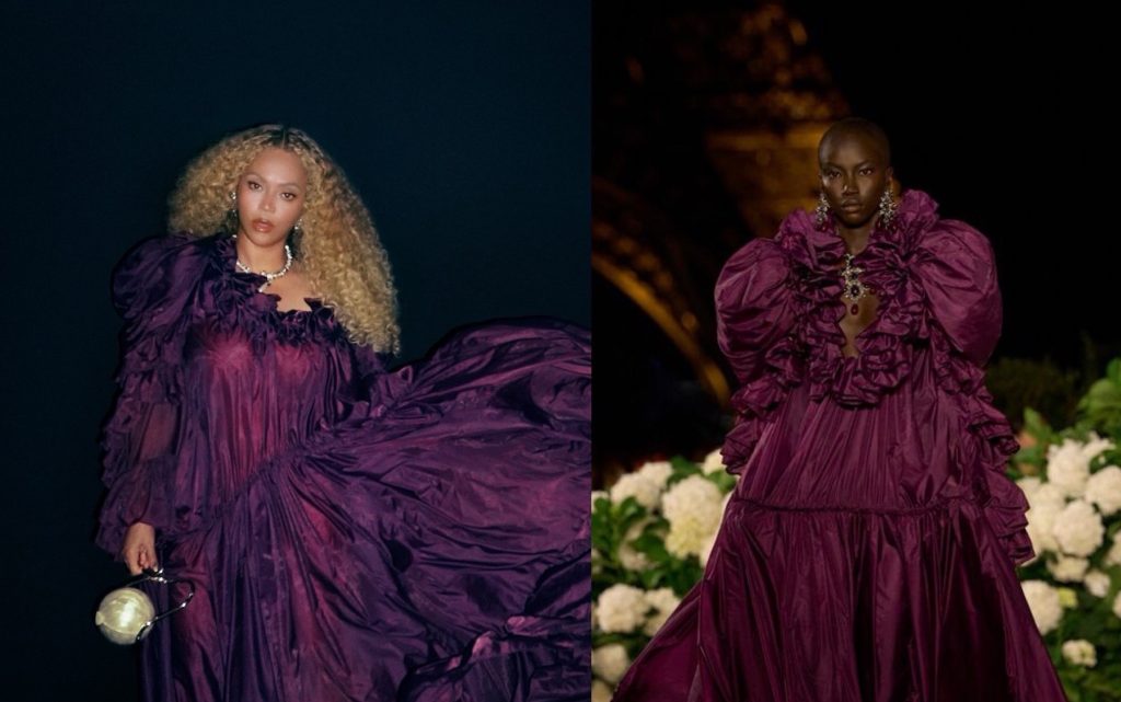 Beyoncé attends dinner in plum taffeta Spring 2026 Saint Laurent gown and pearl Cult Gaia