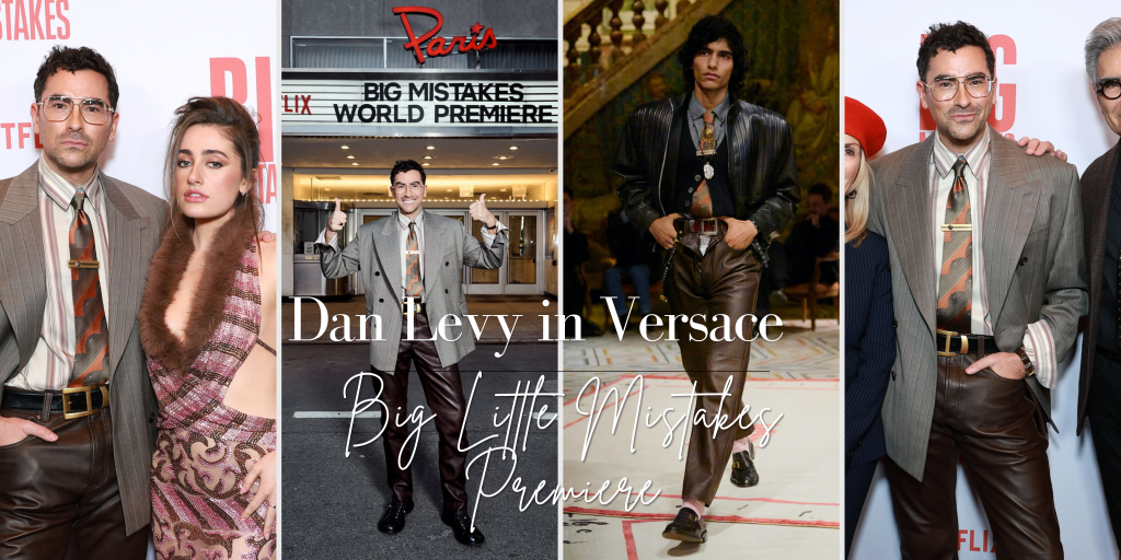Dan Levy in gray pinstripe Versace Spring 2026 blazer, brown leather pants and silk shirt at the Big Mistakes Premiere Dan Levy in gray pinstripe Versace Spring 2026 blazer, brown leather pants and silk shirt at the Big Mistakes Premiere