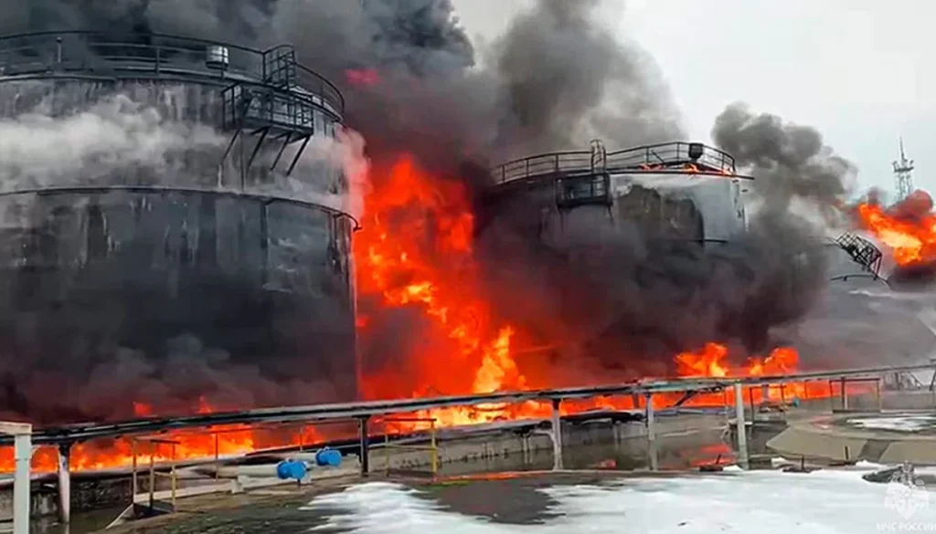 Drone strikes in Ukraine followed by attack on Russian oil refinery raise fears of black rain and pollution