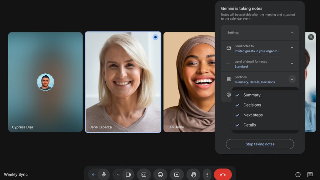 Google Meet now lets you choose what's added to your meeting notes