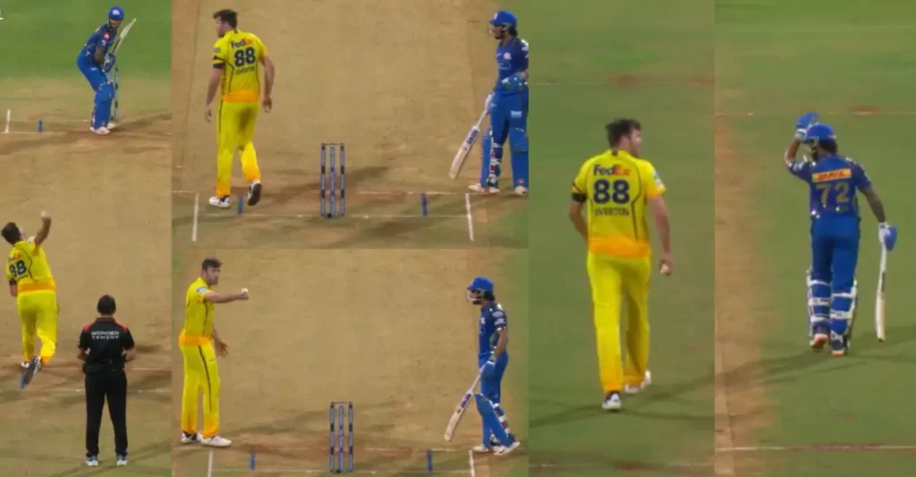 IPL 2026 (Watch): Tilak Verma and Jamie Overton have a heated on-field clash during MI vs CSK match
