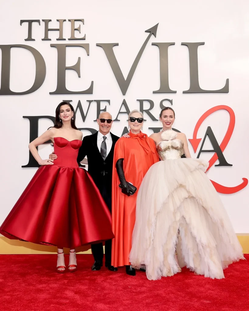 On the scene at The Devil Wears Prada 2 World Premiere: Anne Hathaway in Louis Vuitton, Meryl Streep in red Givenchy, Emily Blunt in Schiaparelli, and more!