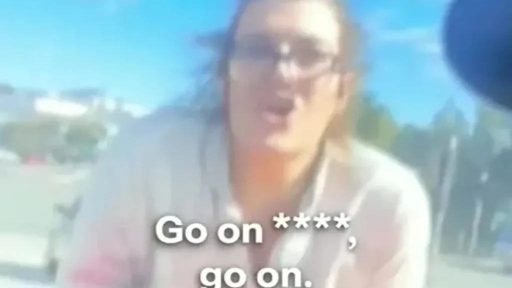 Smiling, wide-eyed woman clings to the bonnet of a moving car and says 'Go away you stupid dog' in bizarre road rage clash