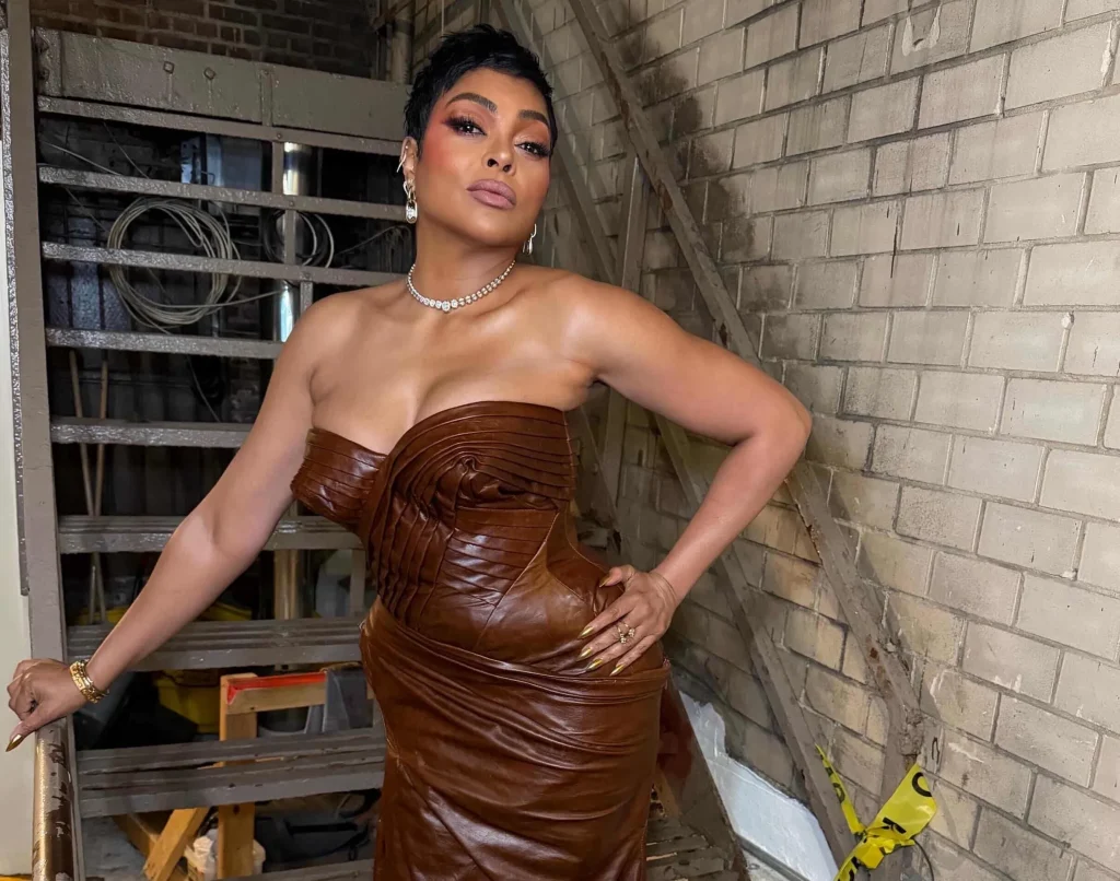 Taraji P. Henson in brown leather jagne at the opening night of Joe Turner's Come and Gone on Broadway