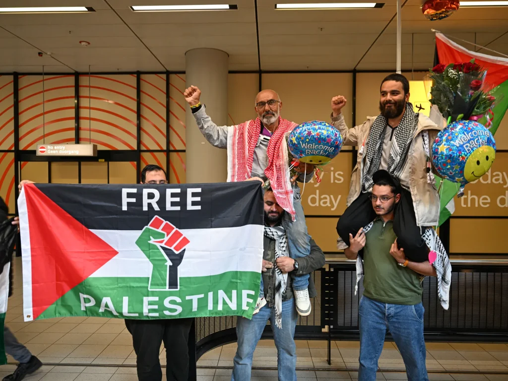 Detained Gaza aid flotilla workers arrive in the Netherlands. Israel-Palestine conflict