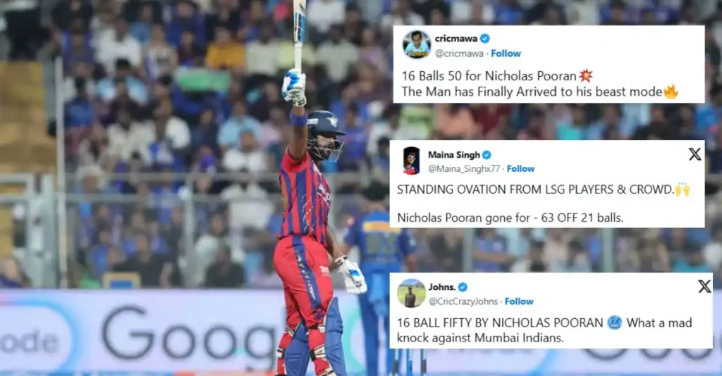 Fans get excited as Nicholas Pooran returns to great form with a half-century in 16 balls in MI vs LSG IPL 2026 clash