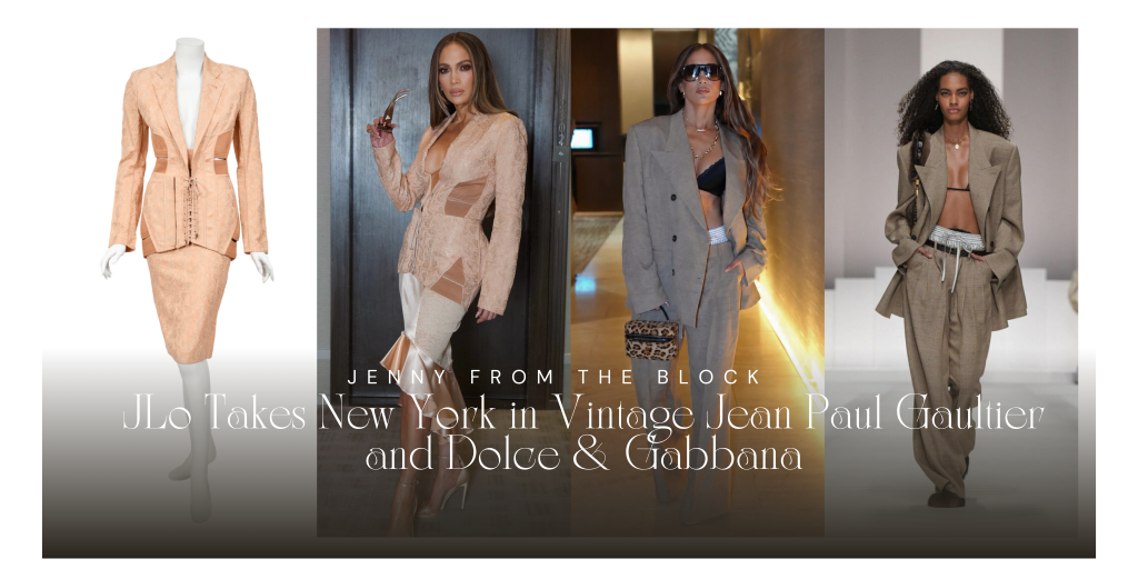 J.Lo hits NYC in vintage blush Jean Paul Gaultier and boxers in Dolce & Gabbana Spring 2026 suit
