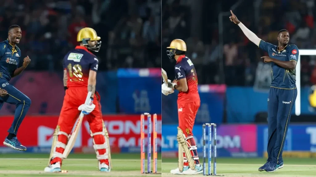 Jason Holder celebrates wildly after dismissing Virat Kohli and Devdutt Padikkal during RCB vs GT clash.