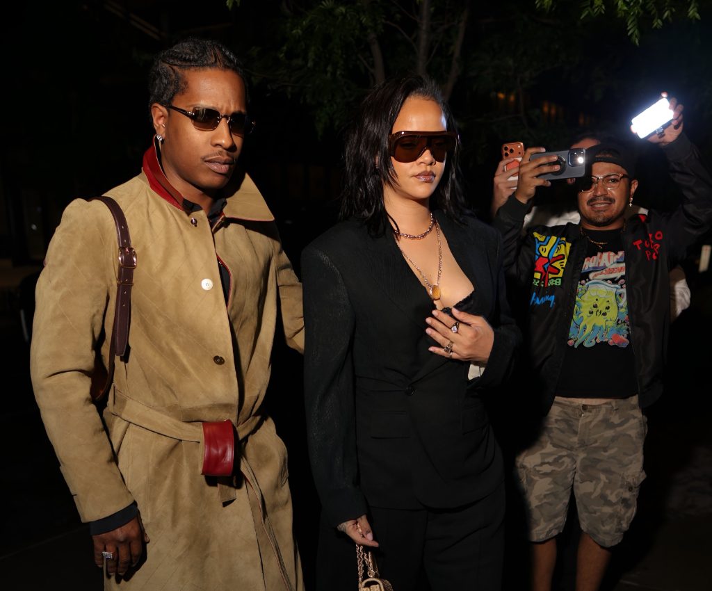 Rihanna spotted in an oversized black suit and Chanel wicker bag with A$AP Rocky on Mother's Day
