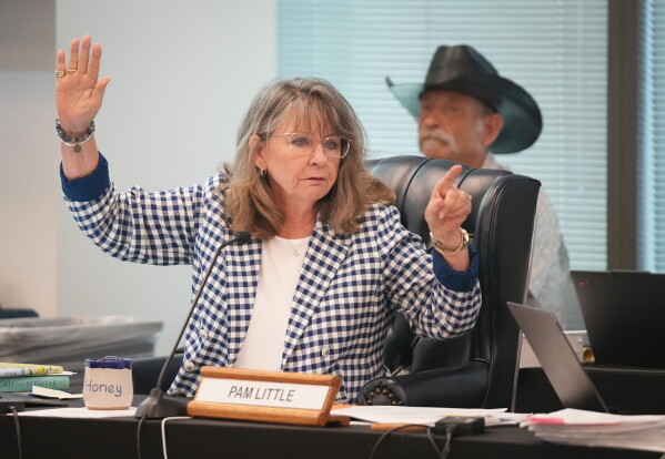 State Board of Education Vice Chair Pam Little votes on a proposed required reading list during a meeting on social studies standards at the Barbara Jordan Building in Austin on Tuesday, June 23, 2026. (Jay Janner /Austin American-Statesman via AP)