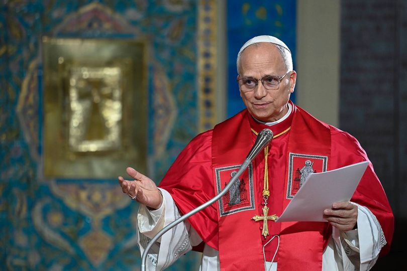 Pope Leo XIV meets with members of the community in Algiers at the Basilica of Our Lady of Africa