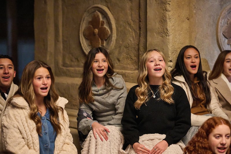 Youth sing during the filming of the Jan. 18, 2026, worldwide discussion for youth on the Jerusalem set in Goshen, Utah.