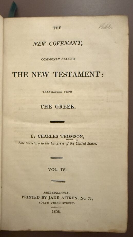 a photo of the title page of Jane Aitken's 1808 printing of Charles Thomson's translation of the Bible