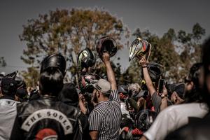 A group of Christian bikers gathered for peace and prayer.